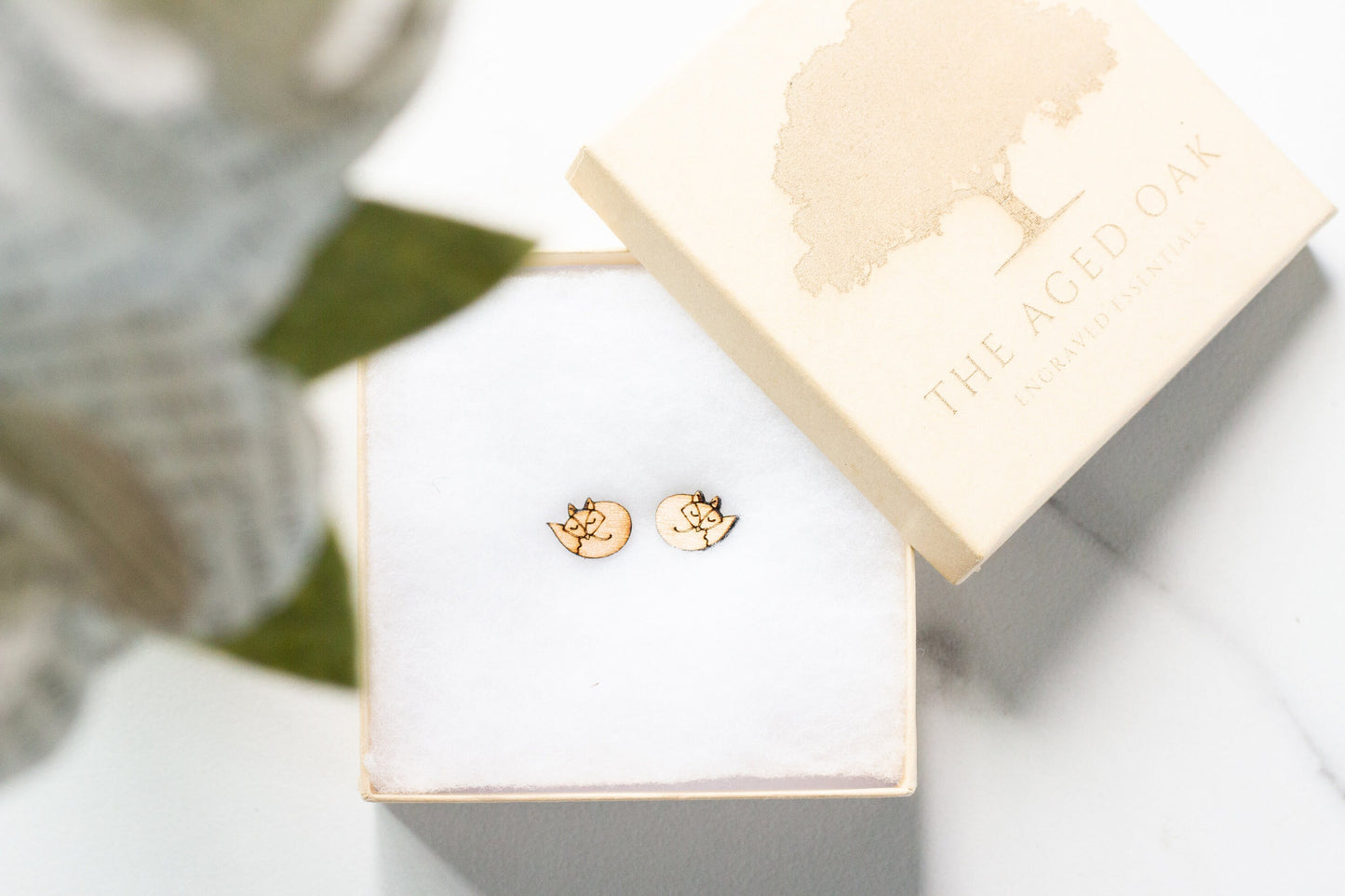 Cute Curled Up Fox Wooden Stud Earings, Tiny Fox Minimalist Engraved Earings, Stustanable Jewelry