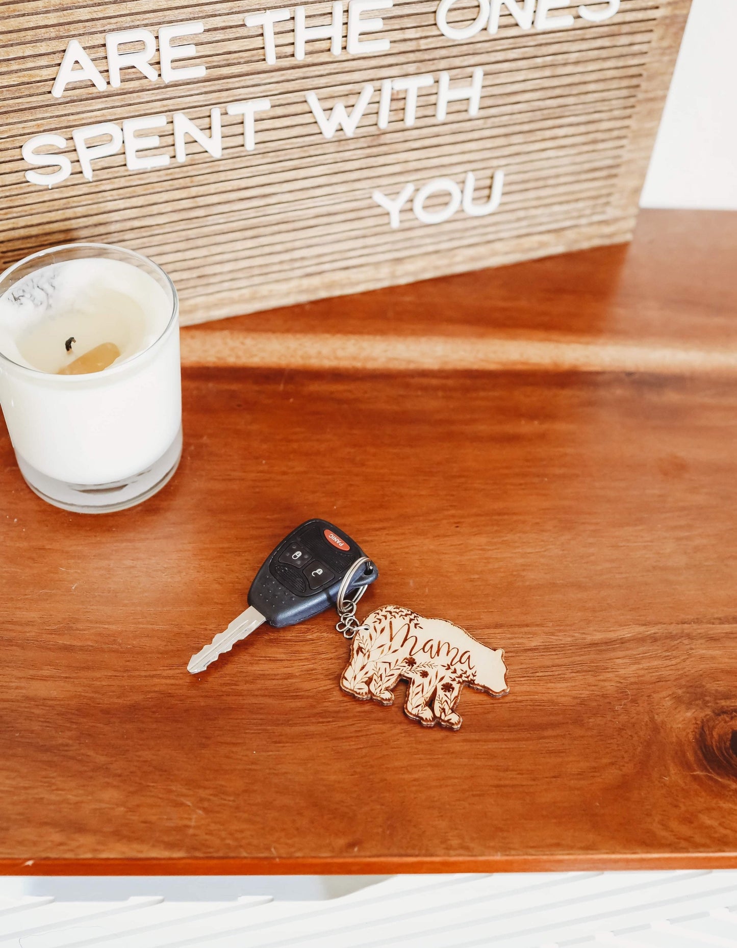 Mama Bear Wooden Keychain Sustainable Gift For Mom, Wooden Floral Mama Bear Keychain Christmas Present For Wife