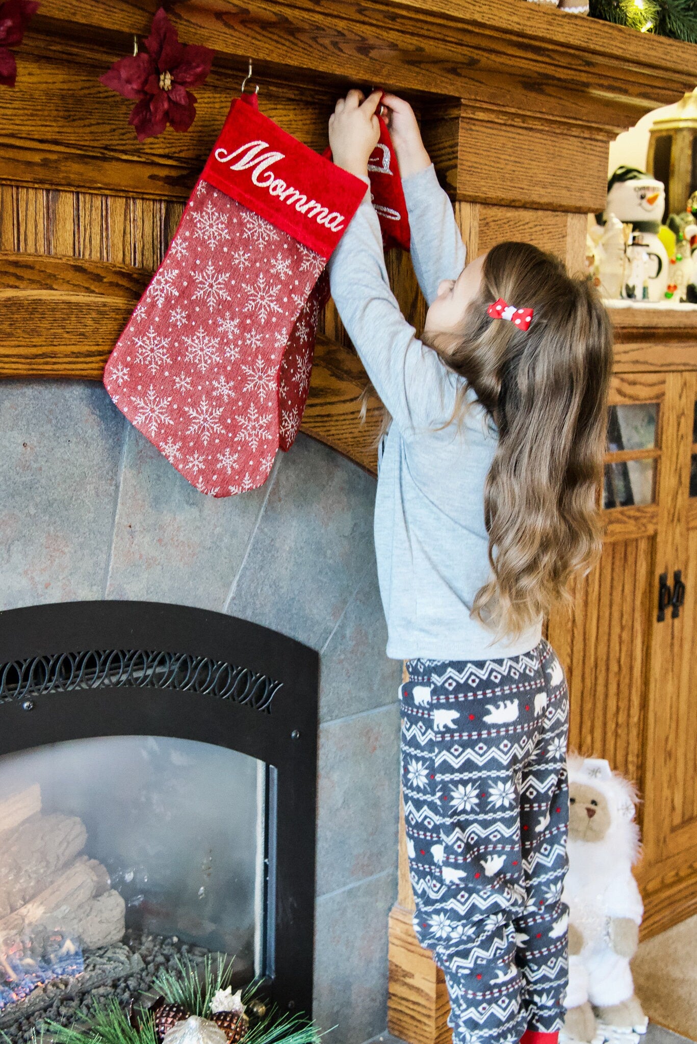 Personalized Christmas Stocking Red and Silver Glitter Christmas Decor , Custom Sparkly Glitter Snowflake Christmas Stocking Home Decor