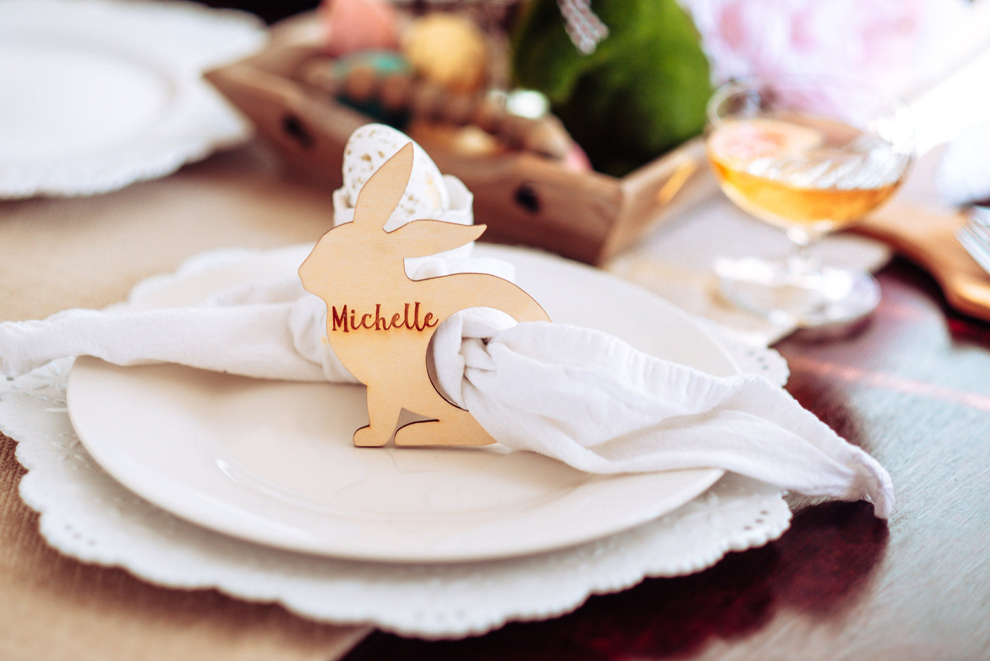 Personalized Bunny Shaped Napkin Holder Place Card Combo For Easter Dinner, Custom Holiday Name Place Holder Card Napkin Ring For Holiday