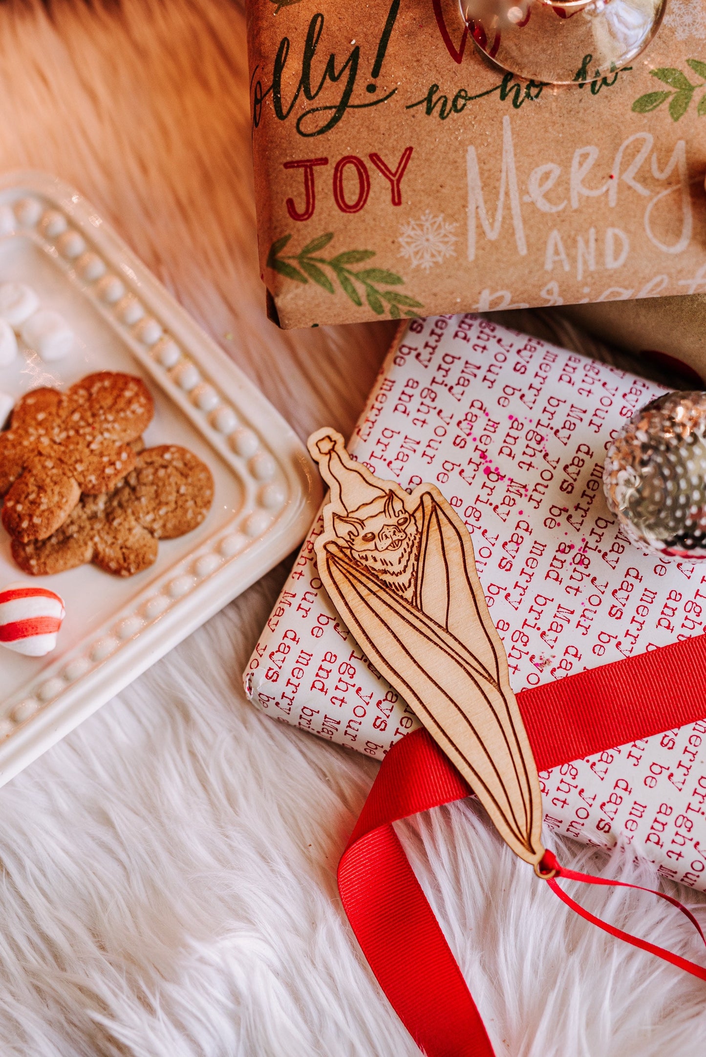 Hanging Bat Halloween Christmas Ornament Gift For Her, Cute Hanging Bat With Santa Hat Wooden Christmas Ornament Halloween Gift