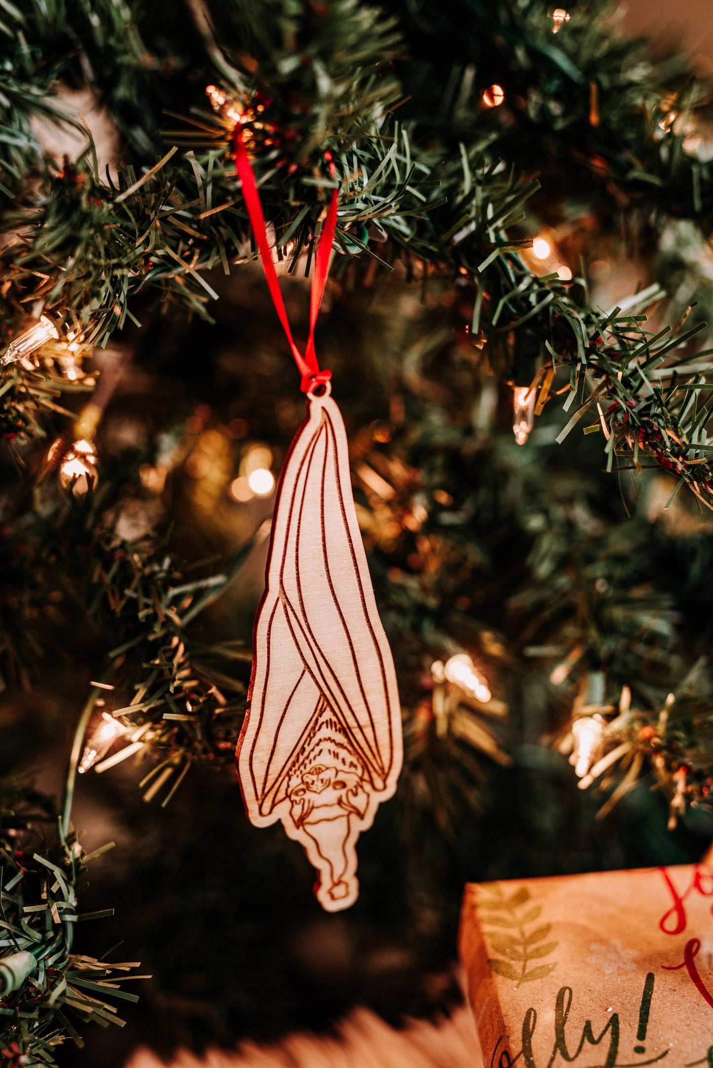 Hanging Bat Halloween Christmas Ornament Gift For Her, Cute Hanging Bat With Santa Hat Wooden Christmas Ornament Halloween Gift