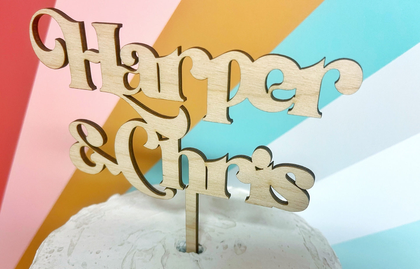 Custom Retro Wooden Wedding Cake Topper Gold Black Rose Gold Silver, Mid Century Modern Retro Cake Topper, Add Your Custom Text