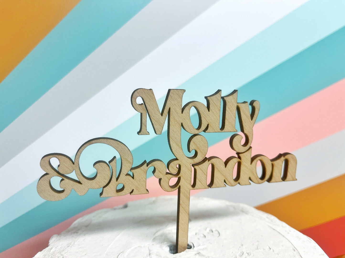 Custom Retro Wooden Wedding Cake Topper Gold Black Rose Gold Silver, Mid Century Modern Retro Cake Topper, Add Your Custom Text