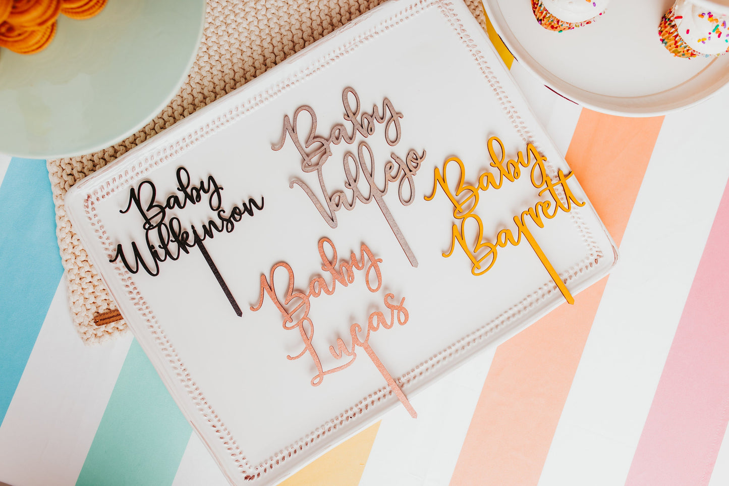 Custom First Name Baby Shower Wooden Cake Topper Unfinished Gold Silver Black Rose Gold Rainbow Baby Baby Shower Decor Baby Boy Baby Girl