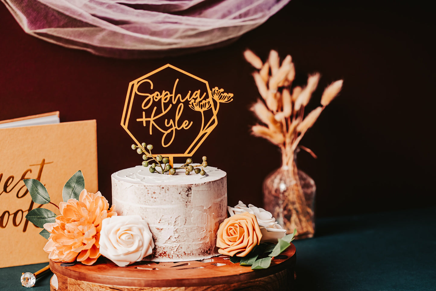 Custom Last Name Personalized Heptagon Wooden Western Wedding Cake Topper Rustic Gold Silver Rose Gold Black Anniversary Name Geometric
