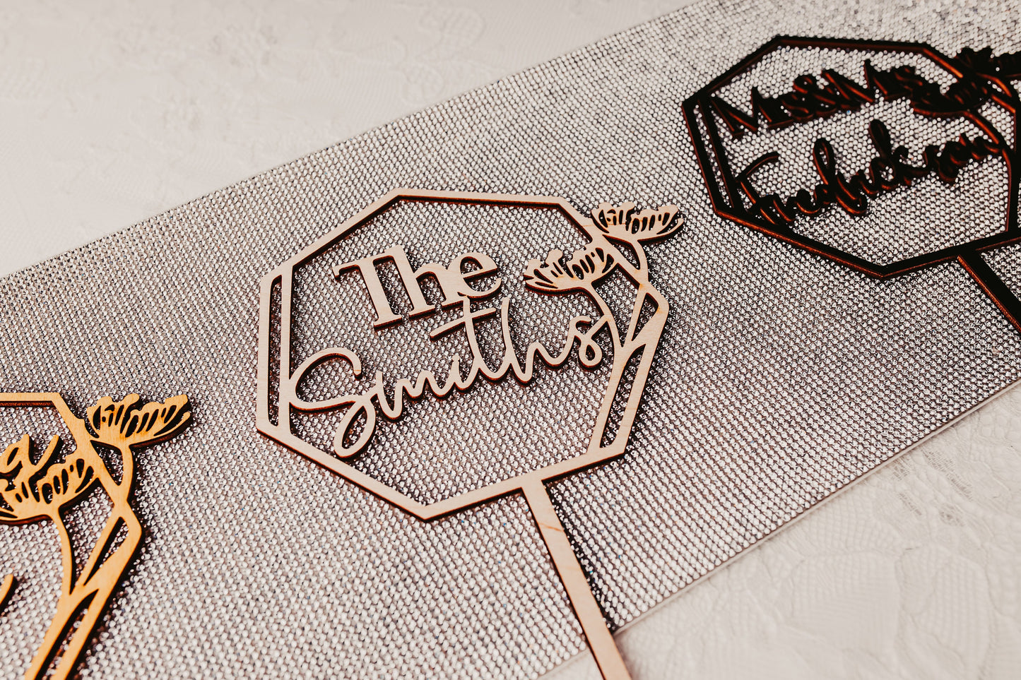 Custom Name Personalized Heptagon Wooden Western Wedding Cake Topper Rustic Gold Silver Rose Gold Black Anniversary Name Geometric Topper