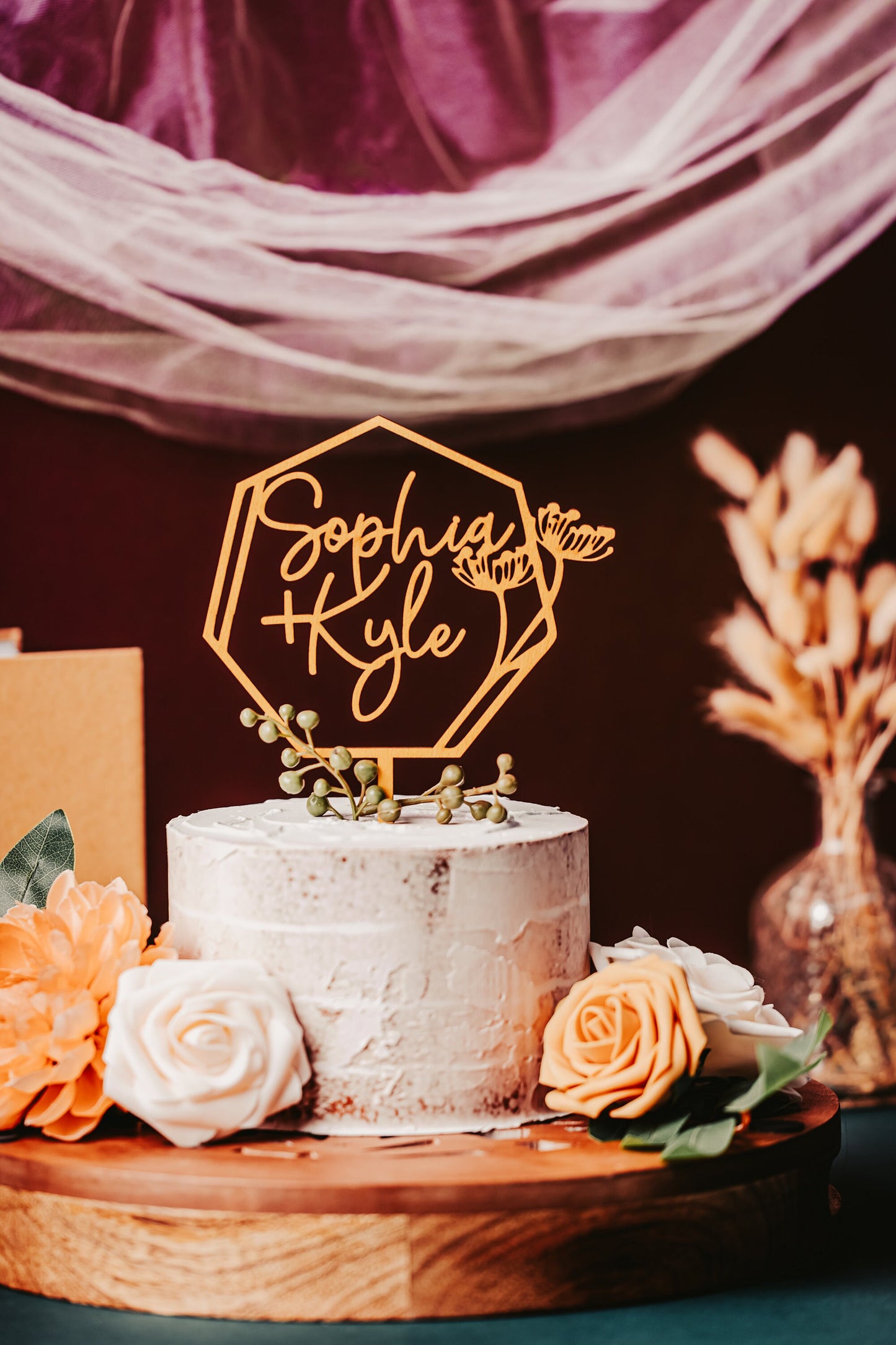 Custom Last Name Personalized Heptagon Wooden Western Wedding Cake Topper Rustic Gold Silver Rose Gold Black Anniversary Name Geometric