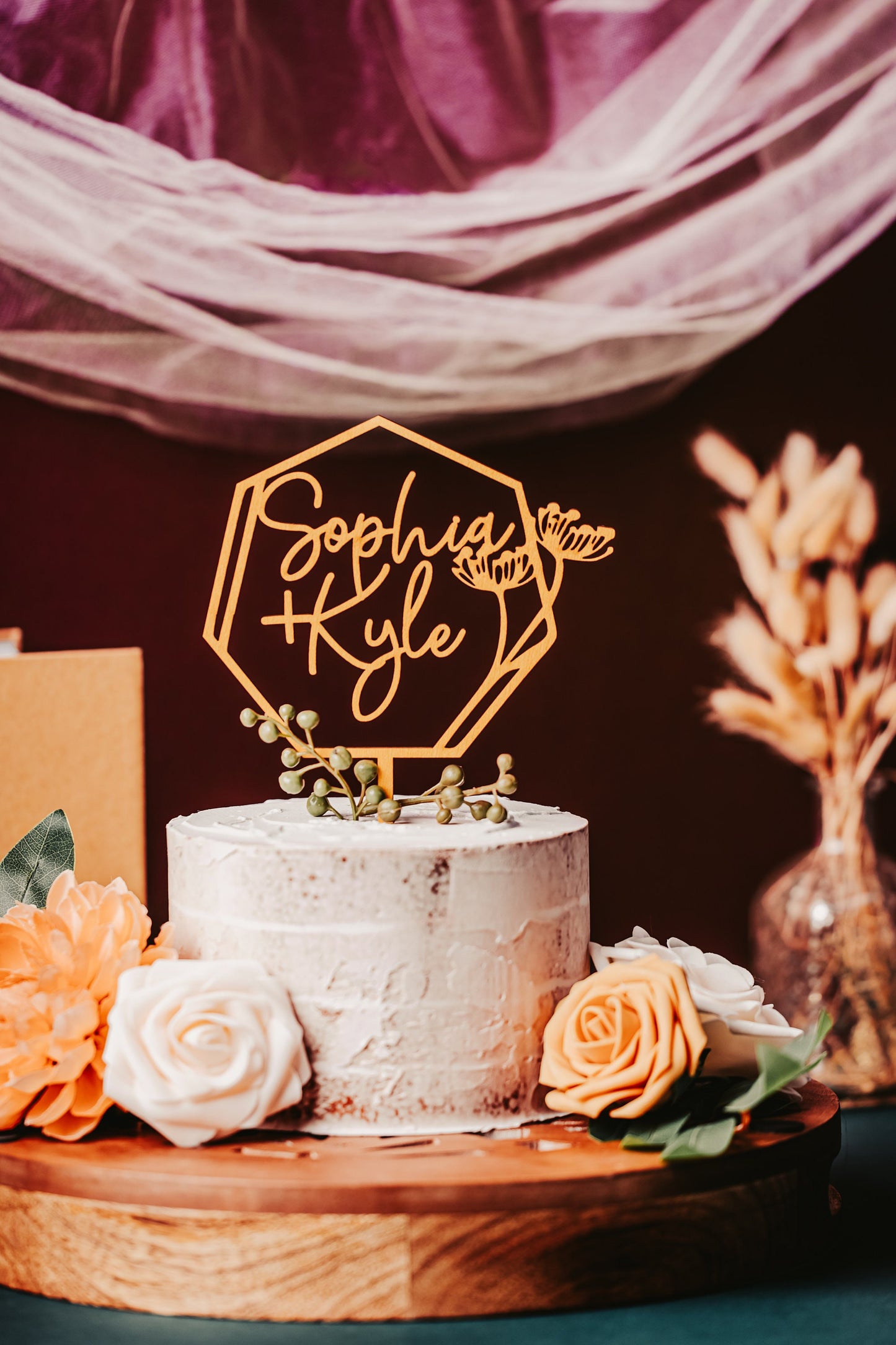 Custom Name Personalized Heptagon Wooden Western Wedding Cake Topper Rustic Gold Silver Rose Gold Black Anniversary Name Geometric Topper