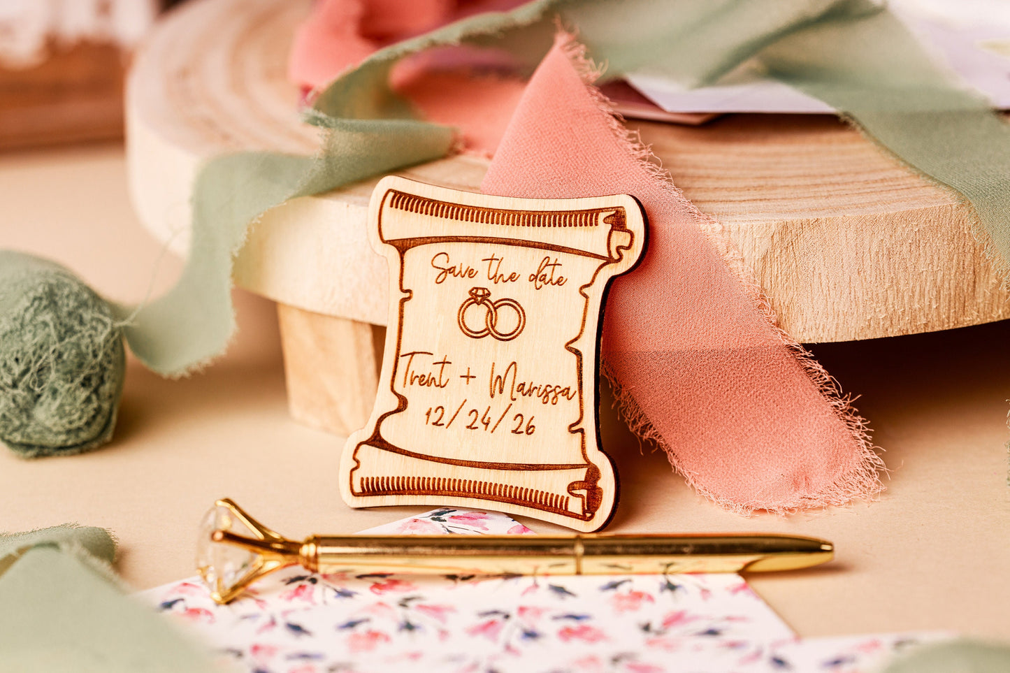 Custom Wooden Royal Wedding Save The Date Magnets For Wedding, Vintage Retro Wooden Wedding Invitation Save The Date Wedding Scroll