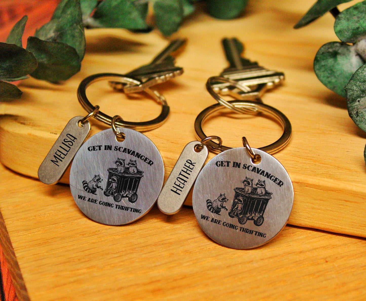 Custom Name Get In Scavenger We’re Going Thrifting Funny Racoon Wagon Keychain Gift For Her Best Friend Gift For Sister Sustanable Bestie