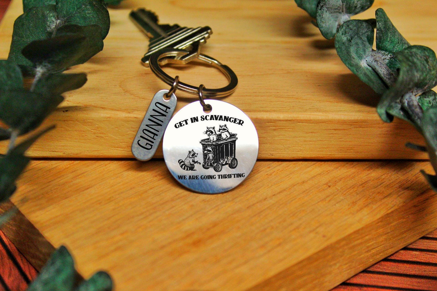Custom Name Get In Scavenger We’re Going Thrifting Funny Racoon Wagon Keychain Gift For Her Best Friend Gift For Sister Sustanable Bestie