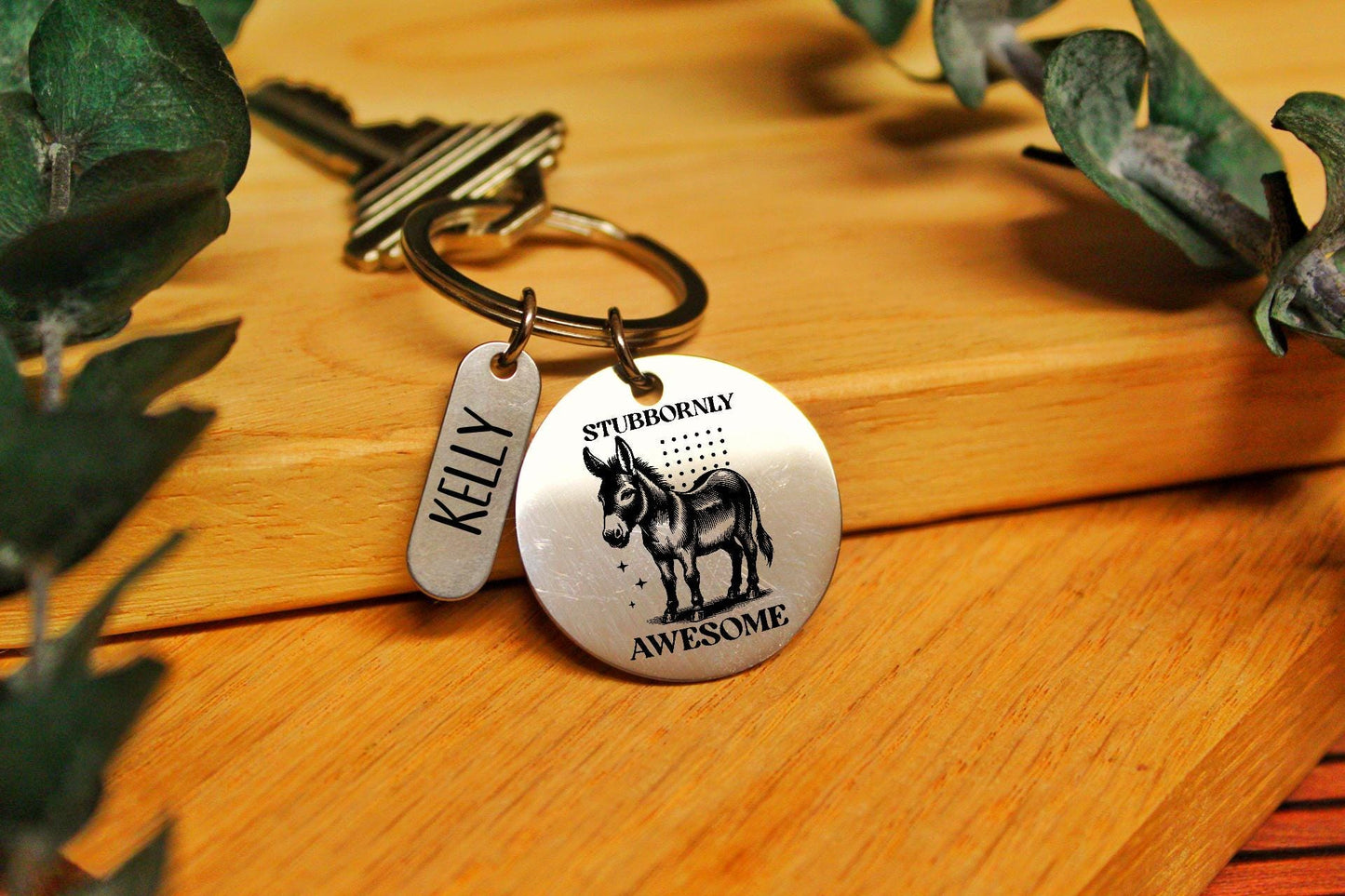 Stubbornly Awesome Funny Donkey Jackass Personalised Metal Keychain Gift For Her Or Him, Funny Equine Gift For Best Friend