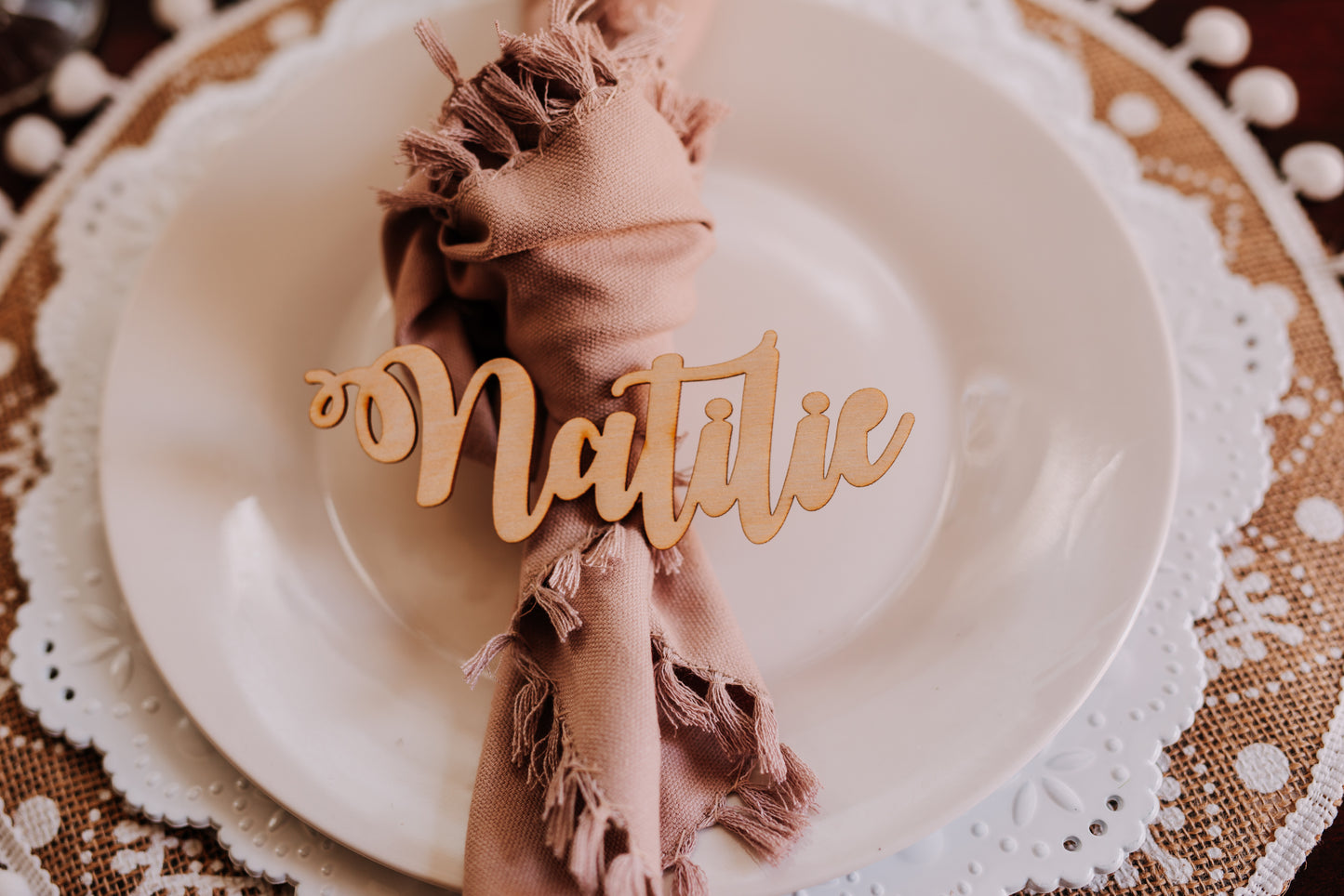 Custom Gold Fall Wedding Name Place Cards, Silver Personalized Wedding Party Laser Cut Name Plate Setting Guest Name Cutout Holiday