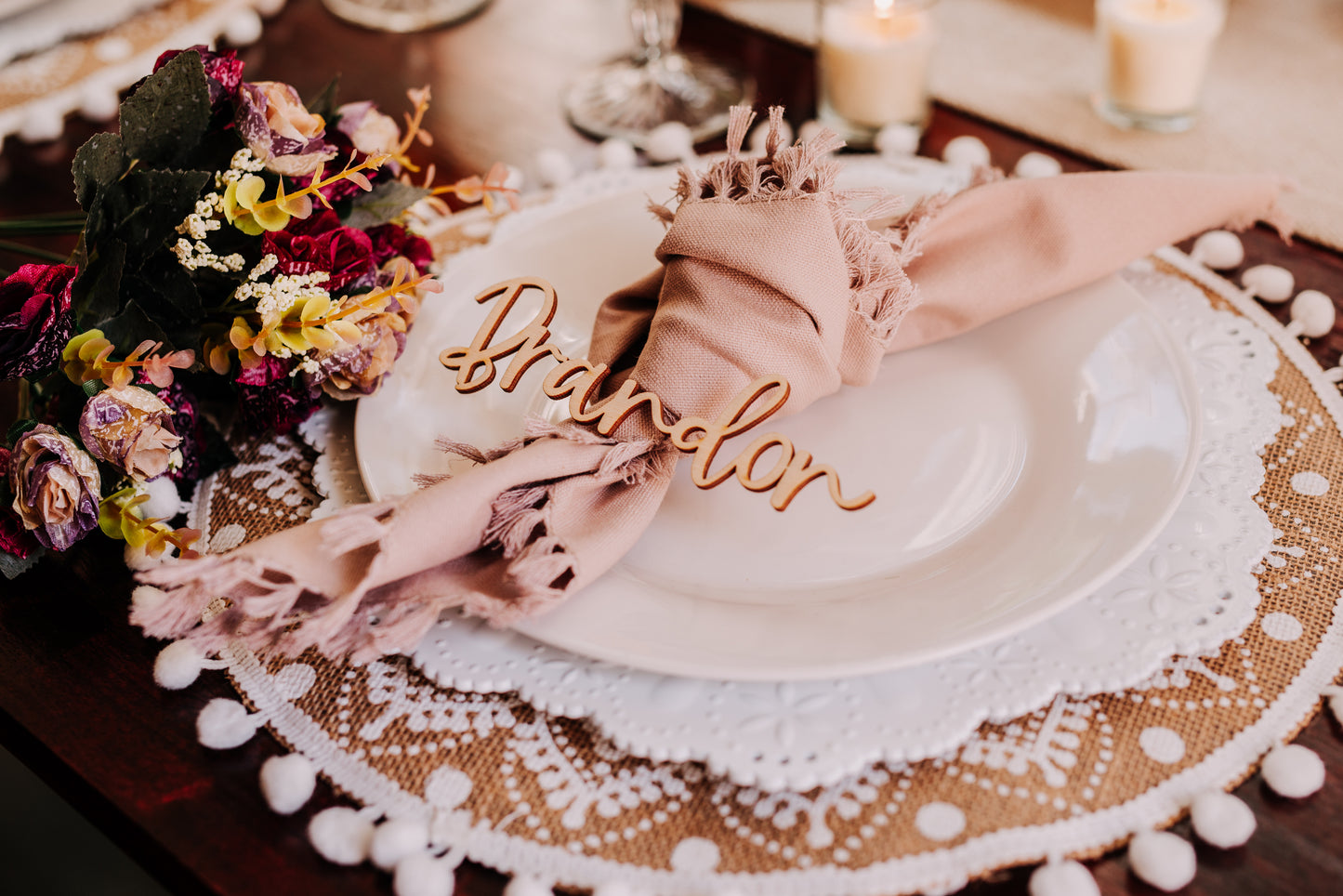 Custom Cursive Wedding Custom Name Place Cards, Personalized Wedding Party Wooden Laser Cut Name Plate Setting Guest Name Cutout