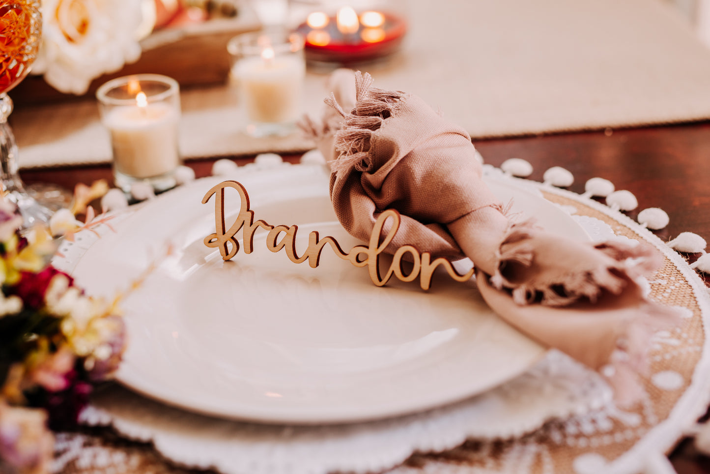 Custom Cursive Wedding Custom Name Place Cards, Personalized Wedding Party Wooden Laser Cut Name Plate Setting Guest Name Cutout