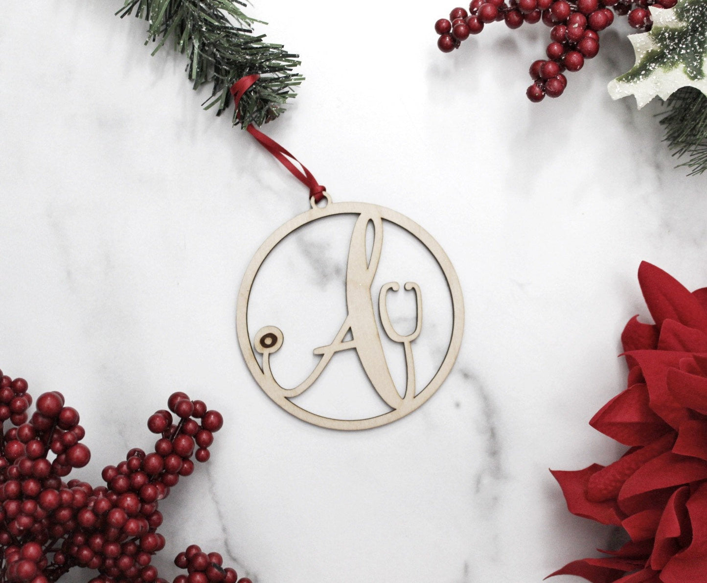 Nurses Stethoscope Monogram Christmas Ornaments, Nurse Initial Monogrammed Stethoscope Holiday Ornament Decor