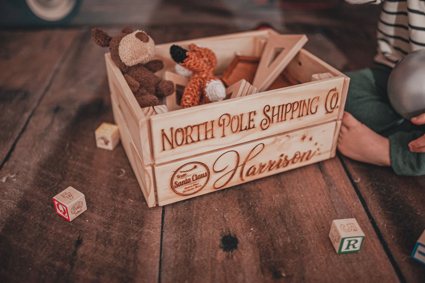 Wooden Christmas Eve Crate Box Personalized Gift Wrap Alternative, Personalized Santa Sack Natural Wood Crate Gift For Kids