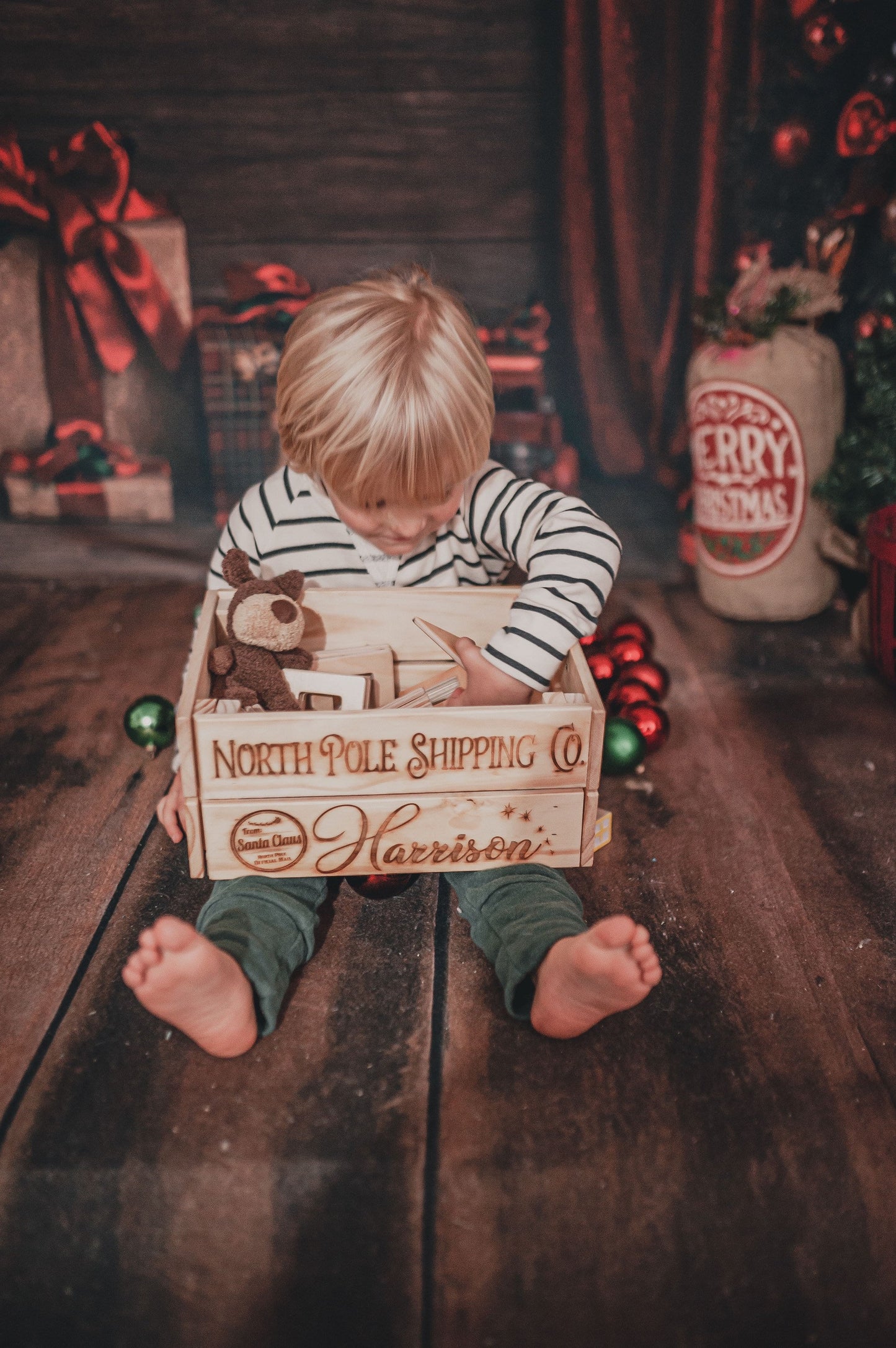 Wooden Christmas Eve Crate Box Personalized Gift Wrap Alternative, Personalized Santa Sack Natural Wood Crate Gift For Kids
