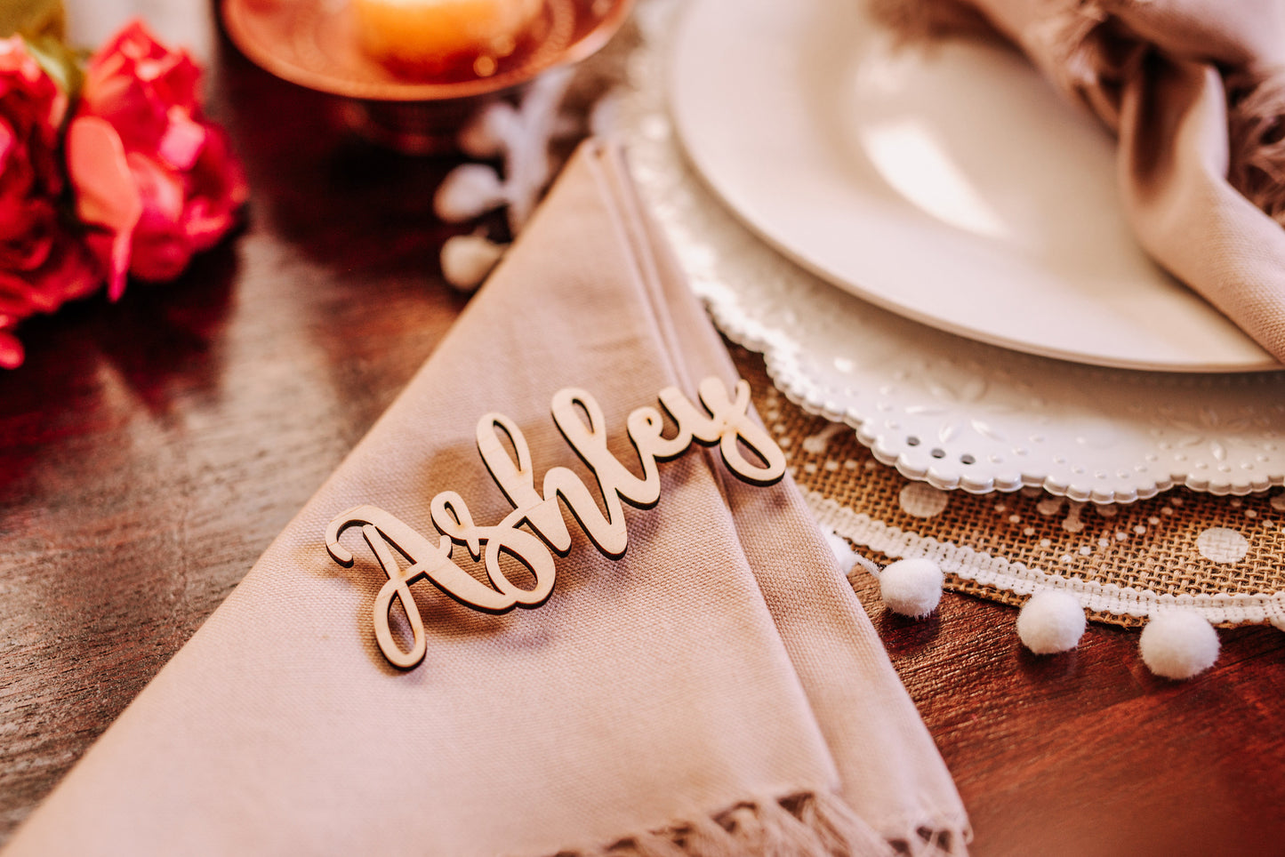 Cute Rustic Custom Wedding Name Place Cards, Personalized Rustic Wedding Party Laser Cut Name Plate Setting Guest Name Cutout