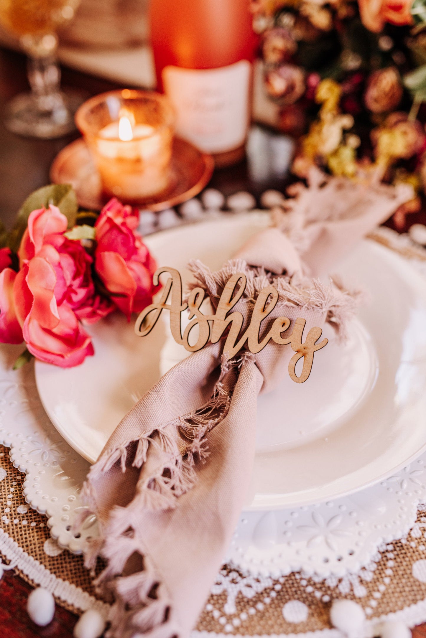 Cute Rustic Custom Wedding Name Place Cards, Personalized Rustic Wedding Party Laser Cut Name Plate Setting Guest Name Cutout