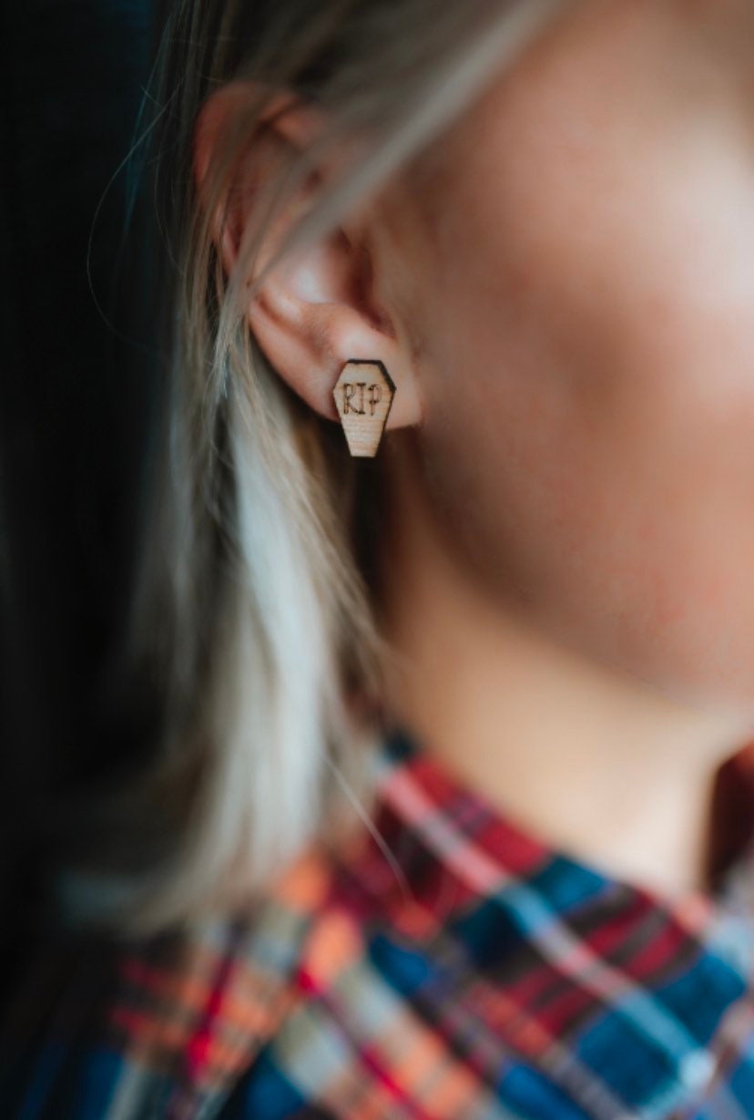 Coffin Shaped RIP Halloween Wooden Earrings, Spooky Engraved Grave Studed Earrings