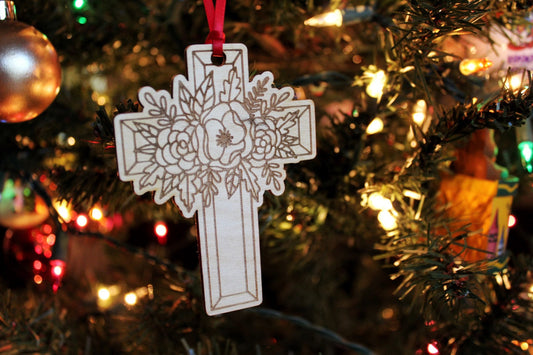 Floral Cross Christmas Ornament Gift For Christians, Flower Wooden Jesus Cross Religious Gift