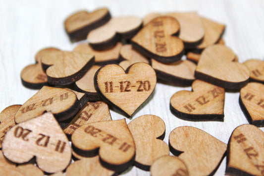 Cute Tiny Rustic Wooden Heart Wedding Date Table Confetti Decor, Guest Book Table Date Confetti Country Wedding Decor