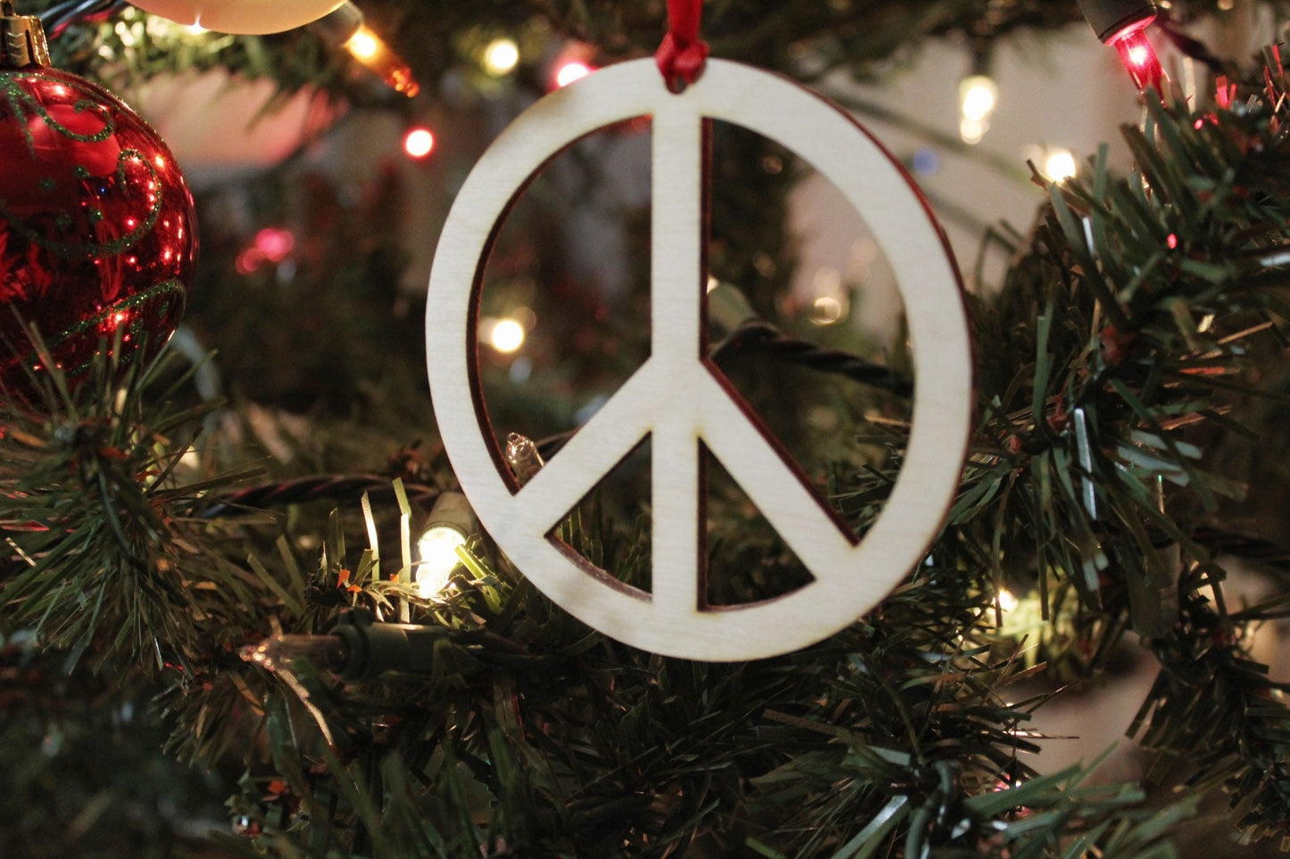 Peace Sign Christmas Ornament Hippie Gift, 70’s Vintage Style Wooden Christmas Ornament