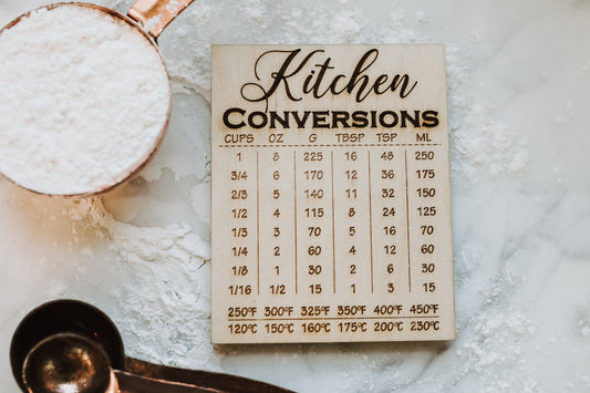 Kitchen Conversion Chart Wooden Fridge Magnet, Wood Engraved Kitchen Decor 4" Measurement Chart