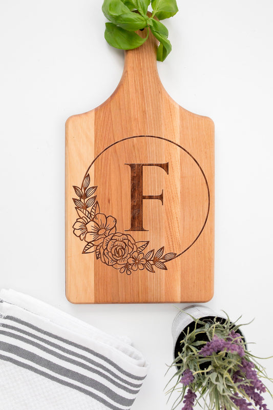 Floral Monogram Frame Cutting Board Wedding Gift For Couple, Monogrammed Kitchen Chopping Serving Board House Warming Client Gift