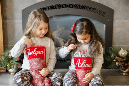 Red And Silver Personalized Glittery Christmas Sparkle Stocking, Custom Name Glitter Snowflake Christmas Stocking