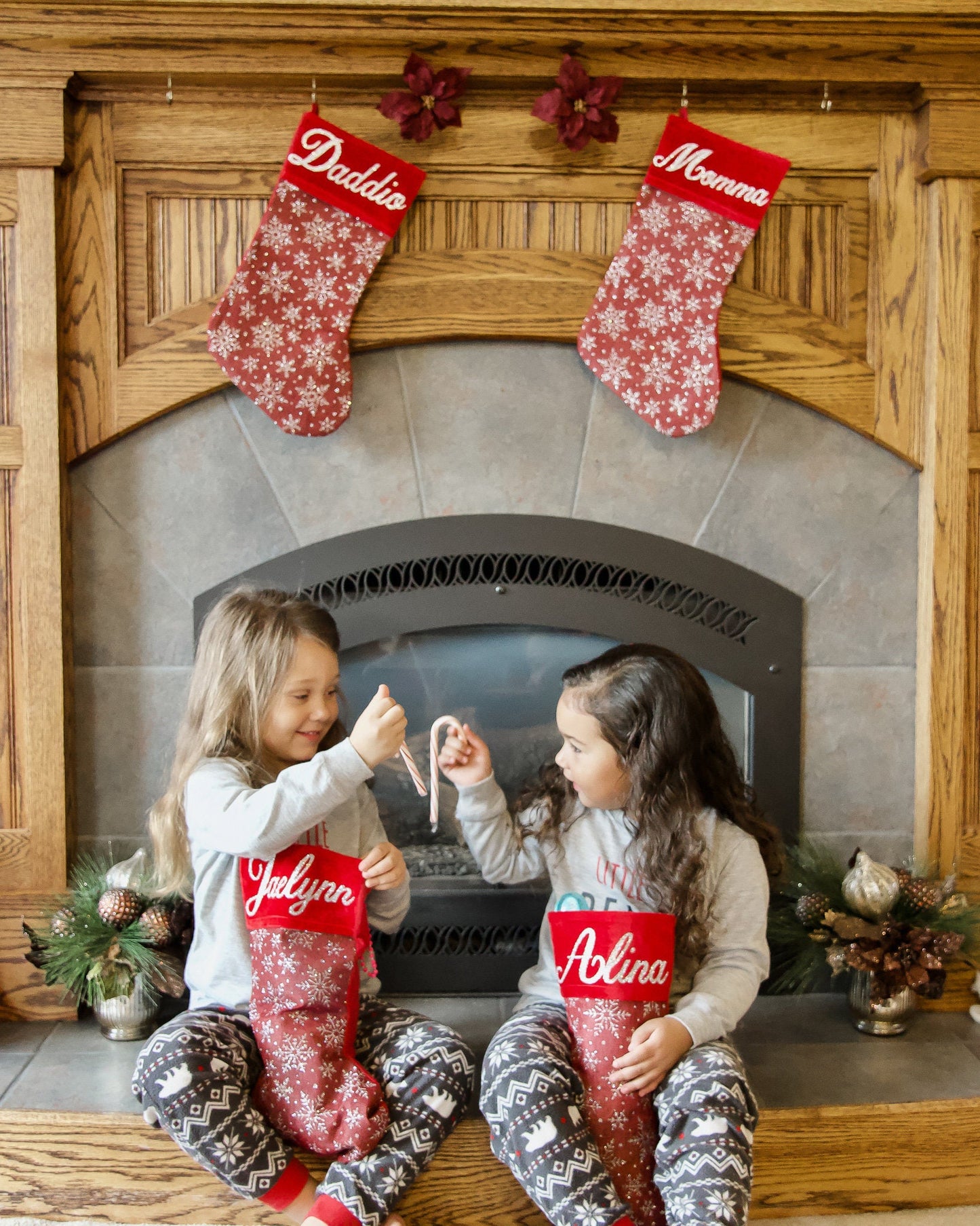 Red And Silver Personalized Glittery Christmas Sparkle Stocking, Custom Name Glitter Snowflake Christmas Stocking