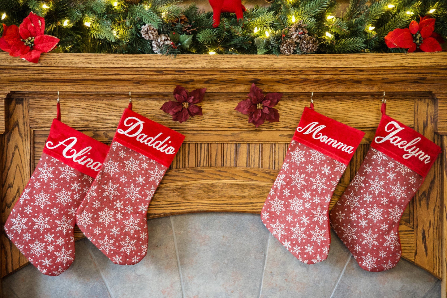 Red And Silver Personalized Glittery Christmas Sparkle Stocking, Custom Name Glitter Snowflake Christmas Stocking