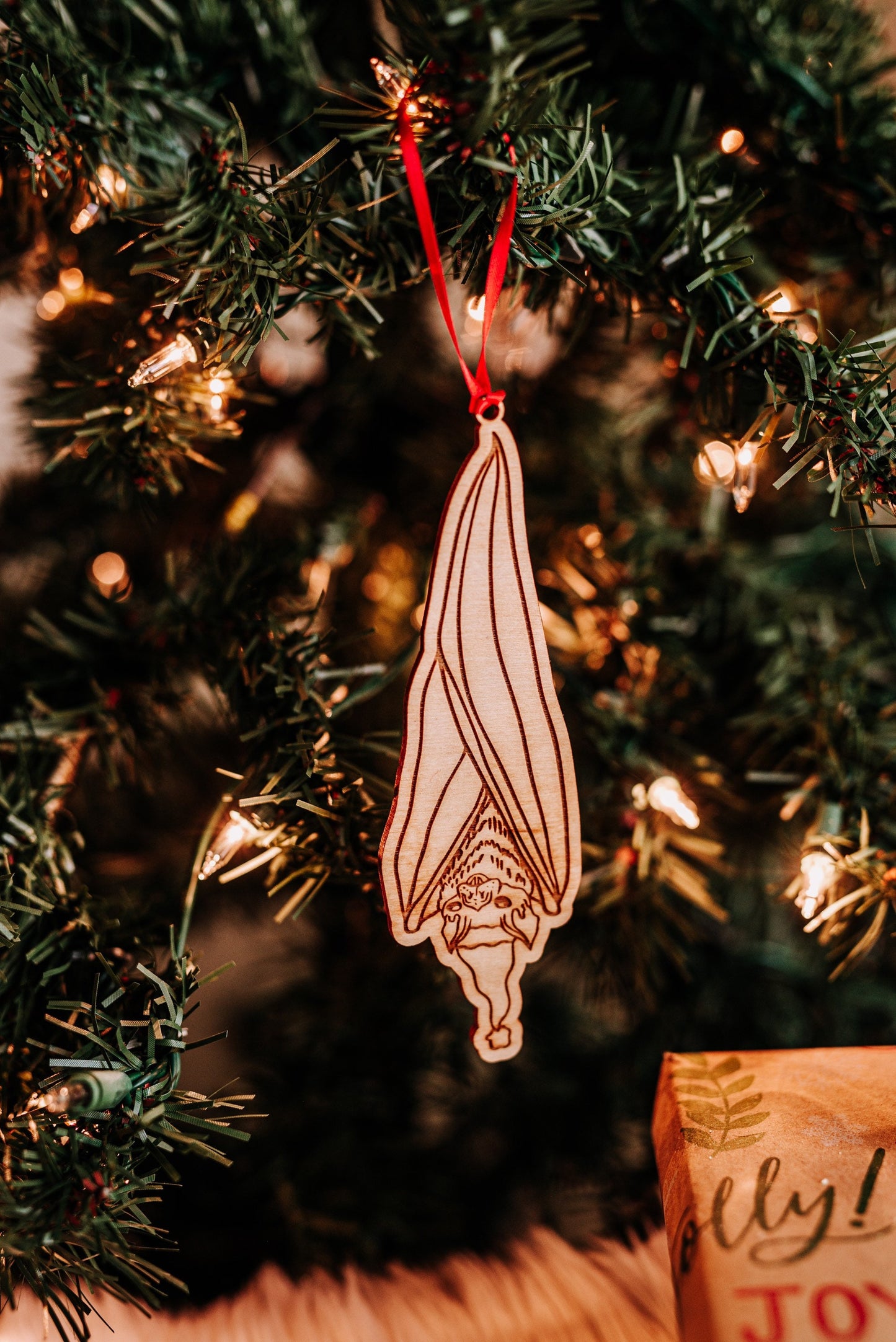 Hanging Bat Halloween Christmas Ornament Gift For Her, Cute Hanging Bat With Santa Hat Wooden Christmas Ornament Halloween Gift