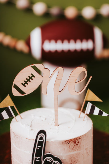 Boys Wooden First Football Themed Birthday One Cake Topper, Baby Boys First Touchdown Natural Rustic Custom First Party Cake Smash Topper