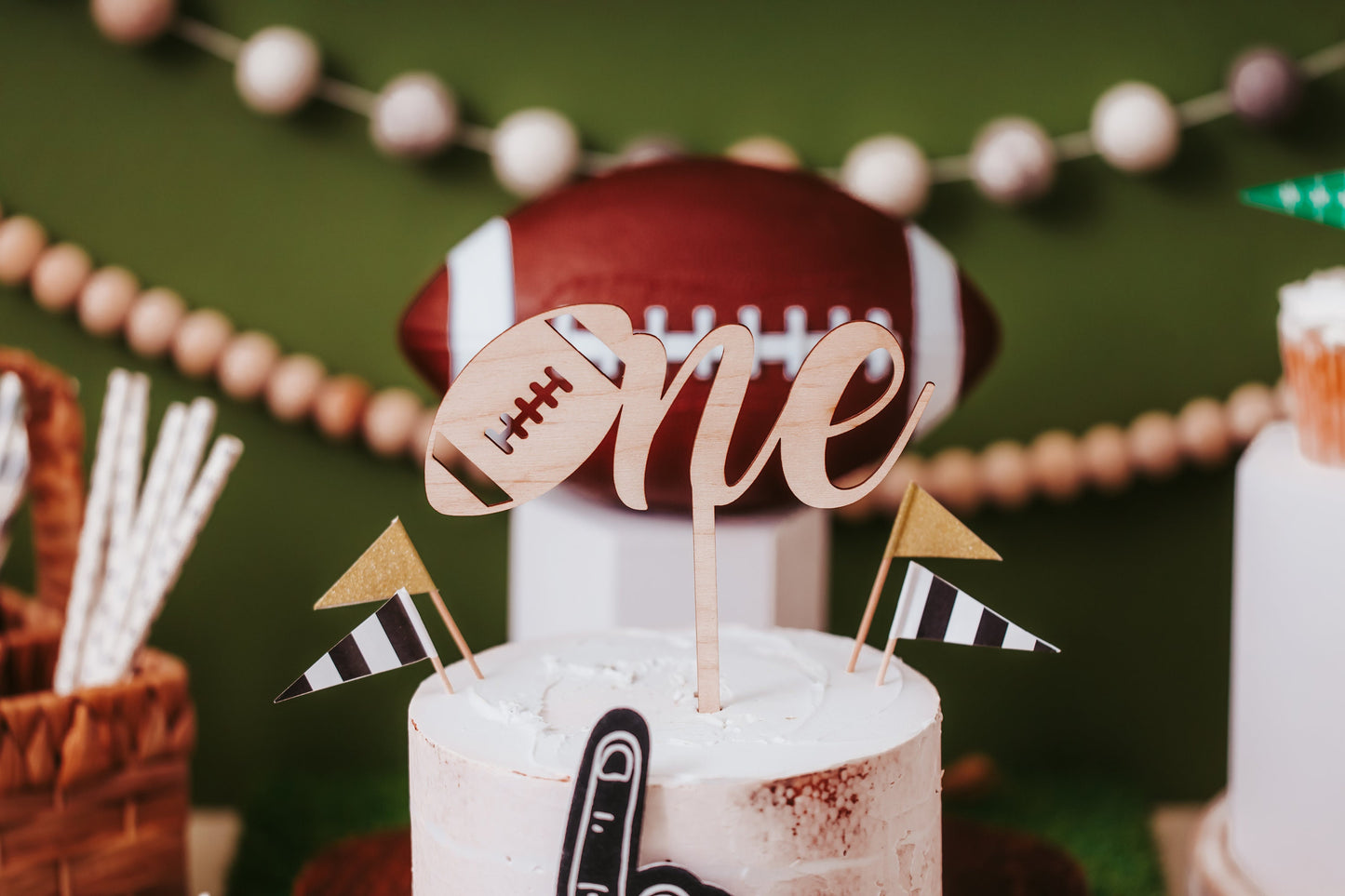 Boys Wooden First Football Themed Birthday One Cake Topper, Baby Boys First Touchdown Natural Rustic Custom First Party Cake Smash Topper