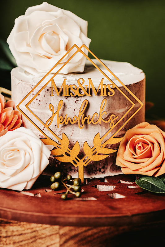 Custom “The” Last Name Personalized Diamond Wooden Western Wedding Cake Topper Rustic Gold Silver Rose Gold Black Anniversary Name Abstract
