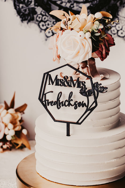 Custom Name Personalized Heptagon Wooden Western Wedding Cake Topper Rustic Gold Silver Rose Gold Black Anniversary Name Geometric Topper
