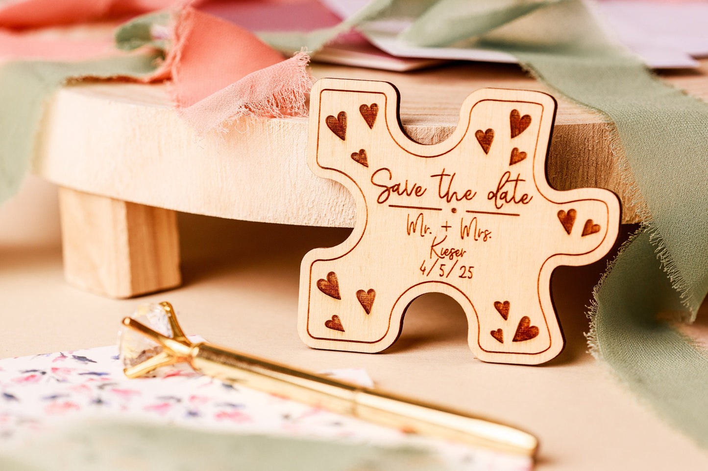 Custom Wooden Puzzle Piece Save The Date Magnets For Wedding, Vintage Retro Art Deco Wooden Wedding Invitation Save The Date Puzzle Piece