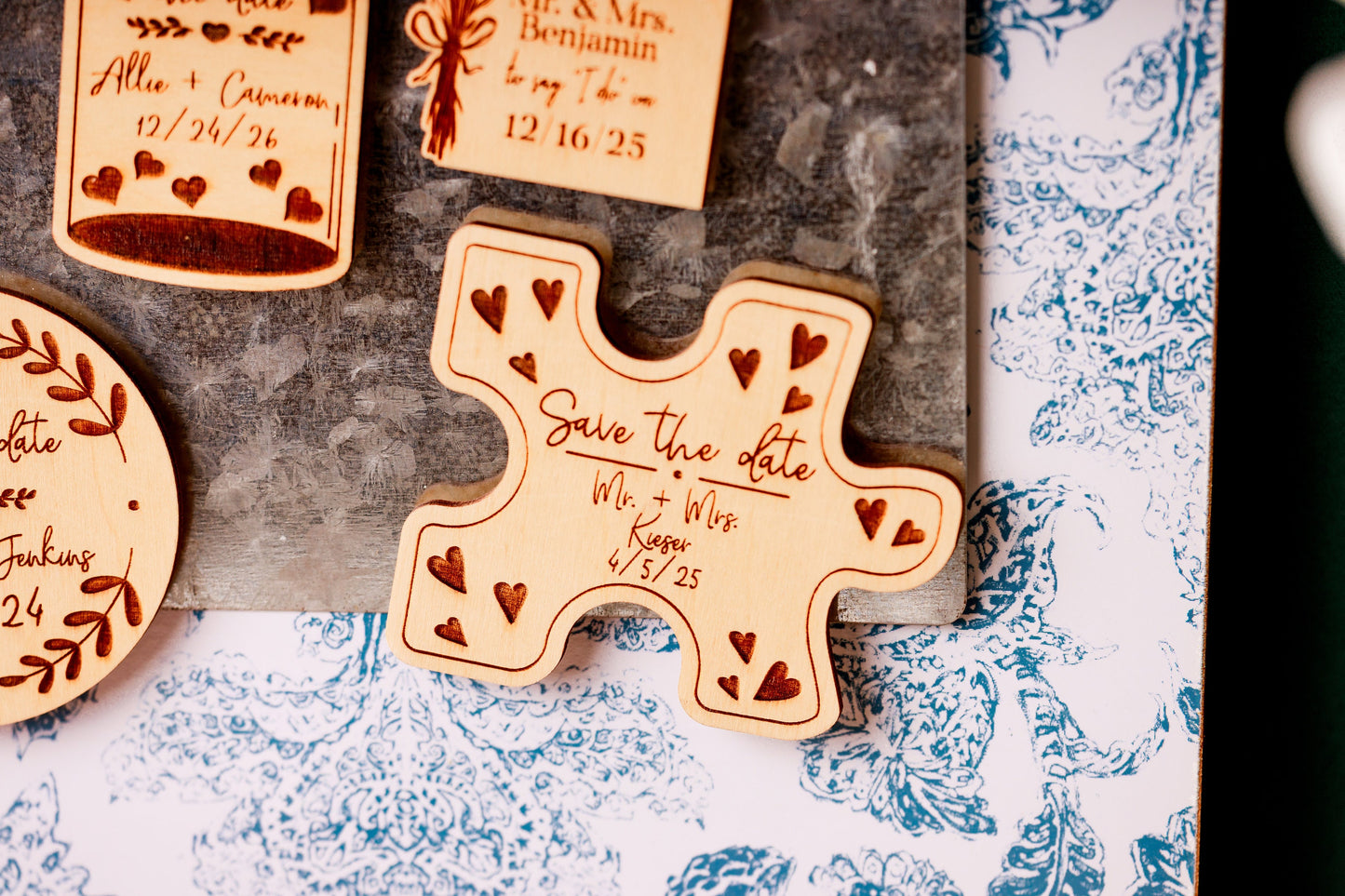 Custom Wooden Puzzle Piece Save The Date Magnets For Wedding, Vintage Retro Art Deco Wooden Wedding Invitation Save The Date Puzzle Piece