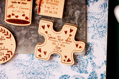 Custom Wooden Puzzle Piece Save The Date Magnets For Wedding, Vintage Retro Art Deco Wooden Wedding Invitation Save The Date Puzzle Piece