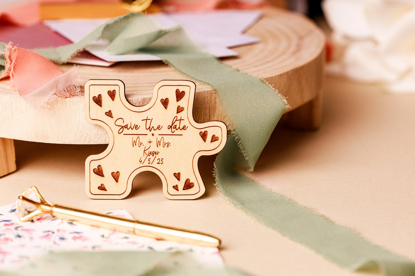 Custom Wooden Puzzle Piece Save The Date Magnets For Wedding, Vintage Retro Art Deco Wooden Wedding Invitation Save The Date Puzzle Piece