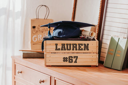 Custom Varsity Graduation Gift Crates For Him, Personalized Sports Grad Gift Box For Her, Baseball Soccer Football Tennis Crate For Kids