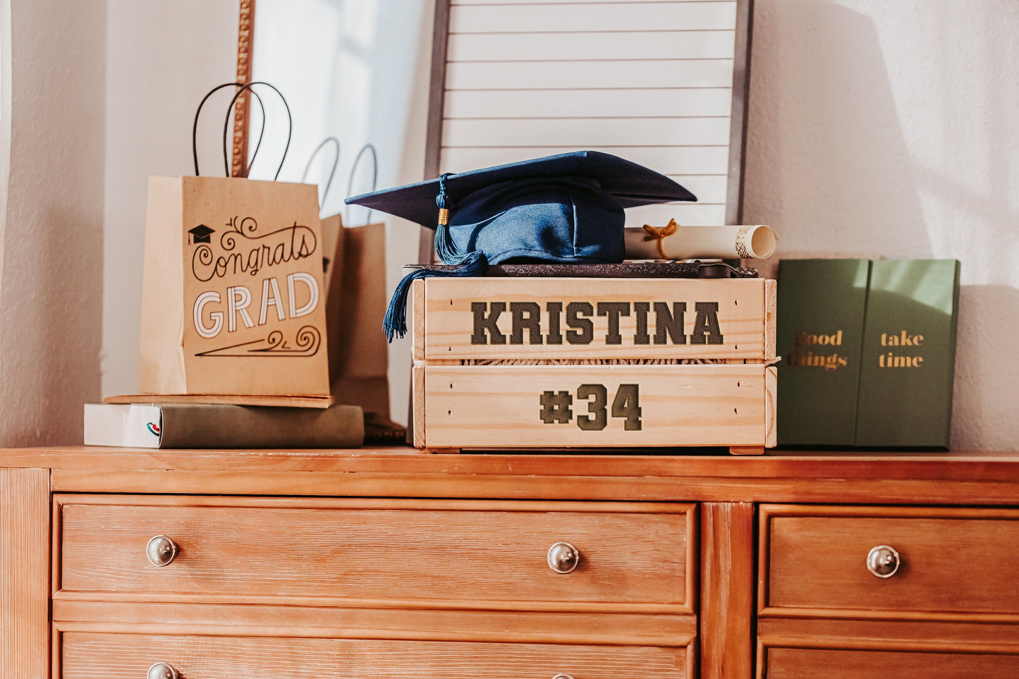 Personalized Sports Grad Gift Box For Her, Baseball Soccer Football Tennis Crate For Kids, Custom Varsity Graduation Gift Crates For Him