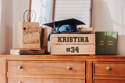 Personalized Sports Grad Gift Box For Her, Baseball Soccer Football Tennis Crate For Kids, Custom Varsity Graduation Gift Crates For Him