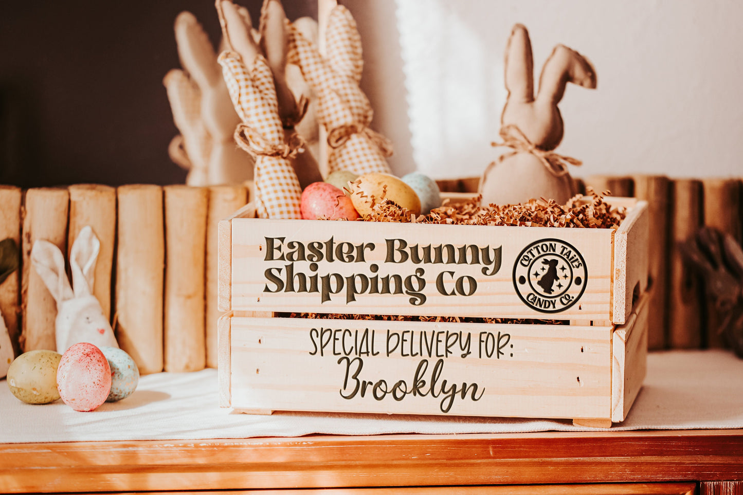 Custom Easter Crate Personalized Easter Basket Alternative Gift For Kids, Custom Easter Bunny Shipping Co Box With Engraved Name