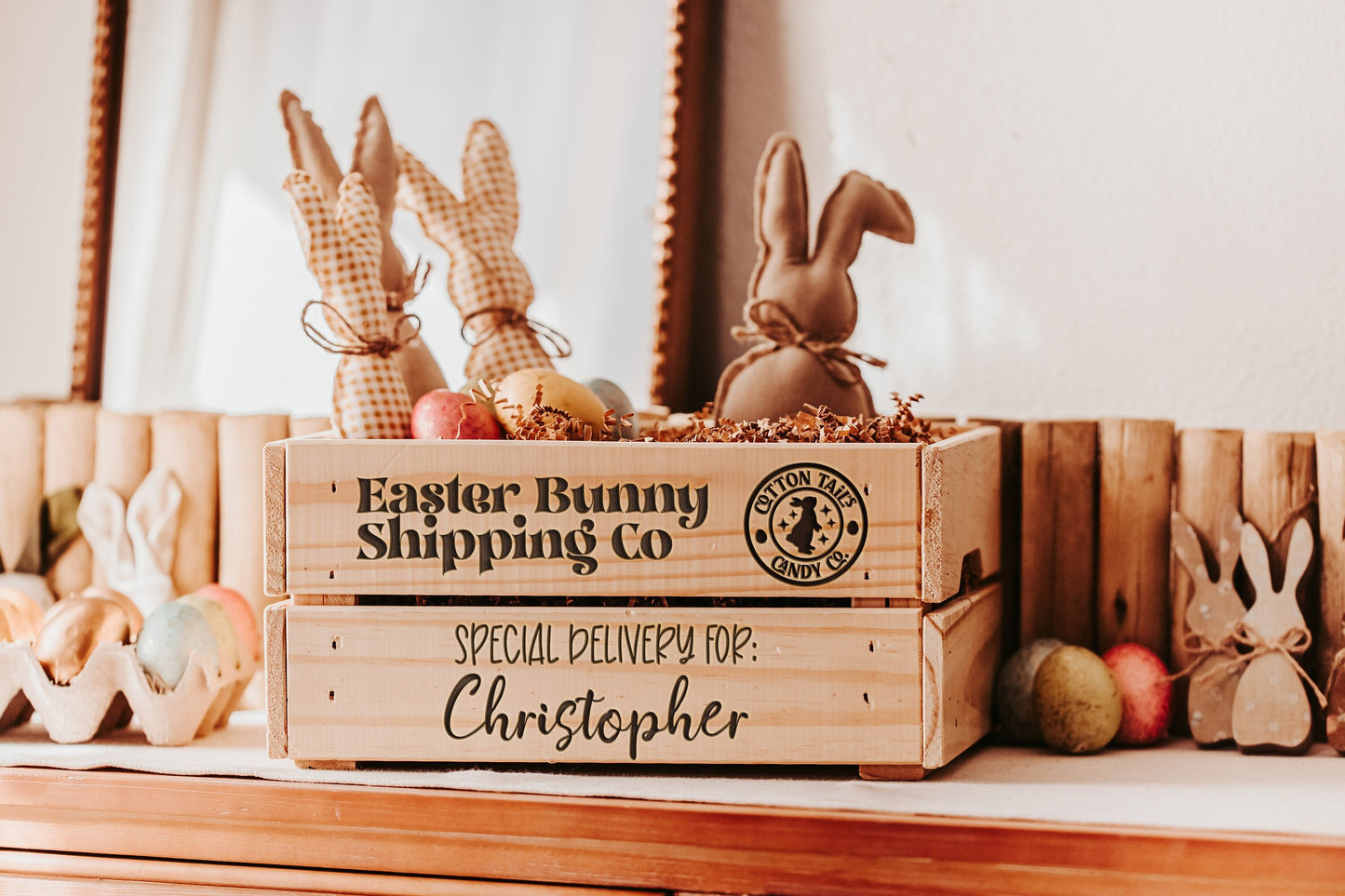 Custom Easter Crate Personalized Easter Basket Alternative Gift For Kids, Custom Easter Bunny Shipping Co Box With Engraved Name