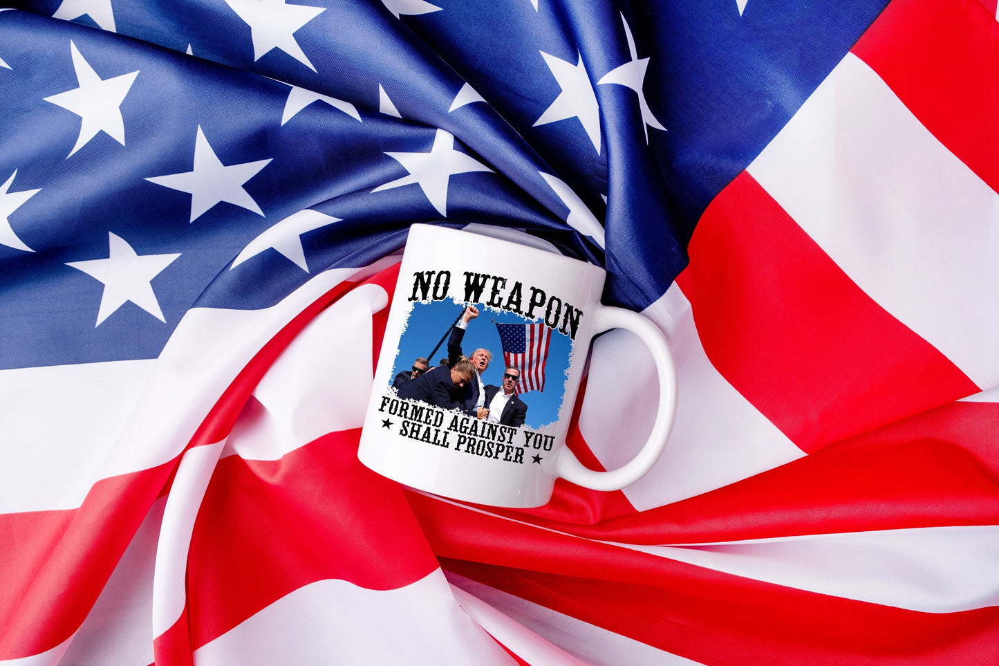 Trump Assassination Attempt No Weapon Shall Prosper Trump 2024 Mug, Donald J Trump President Mug, Birthday Mug Gift For Dad