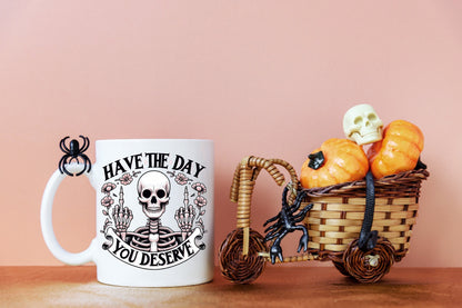 Funny Have The Day You Deserve Cute Pink And Black Skeleton Middle Finger Coffee Cup Gag Gift For Her, Cute Skeleton Coffee Cup Gift For Mom